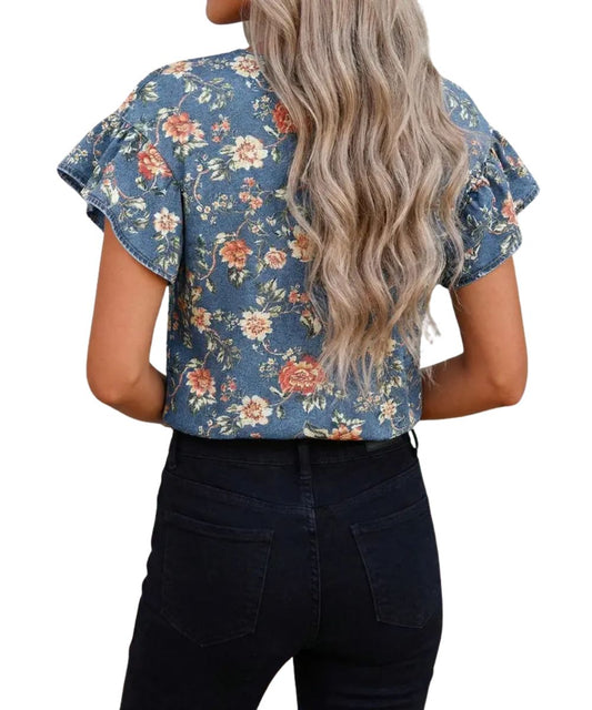 Back view of the women's ashleigh blue denim blouse