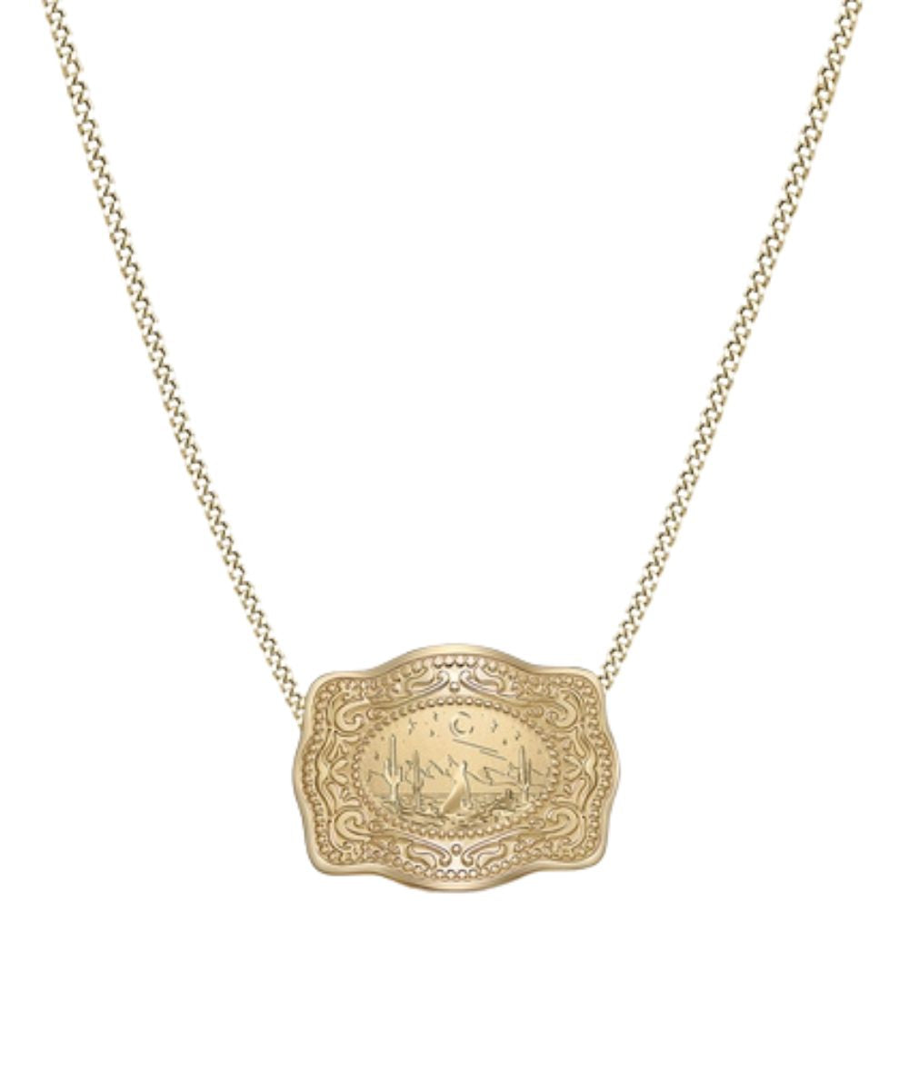 Women's Gold Necklace With Mini Belt Buckle Style Pendant And Lone Wolf Graphic Design