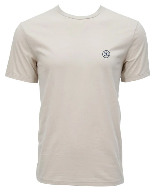 Front view of the men's cream cowboy golf tee featuring a small hooey logo screen printed on the left chest
