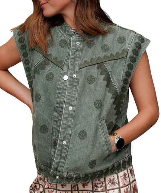 Women's Olive Sleeveless Denim Vest Featuring Cap Shoulder Details And Cross Stitch Embroidery Accents
