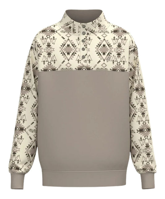 Front view of the men's long sleeve pullover featuring the 1/4 snap placket, mandarin collar, tan body, and aztec printed yoke and sleeves
