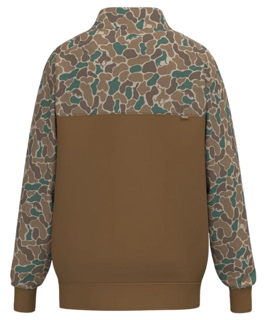 Back view of the men's long sleeve 1/4 snap pullover featuring the color-blocked camo yoke and sleeves, and brown body