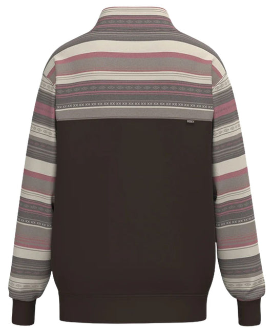 Back view of the men's dark brown long sleeve pullover featuring the color-blocked striped yoke and sleeves design