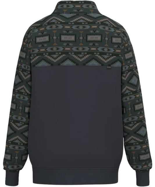 Back view of the men's long sleeve charcoal grey pullover featuring the aztec color-blocked yoke and sleeves