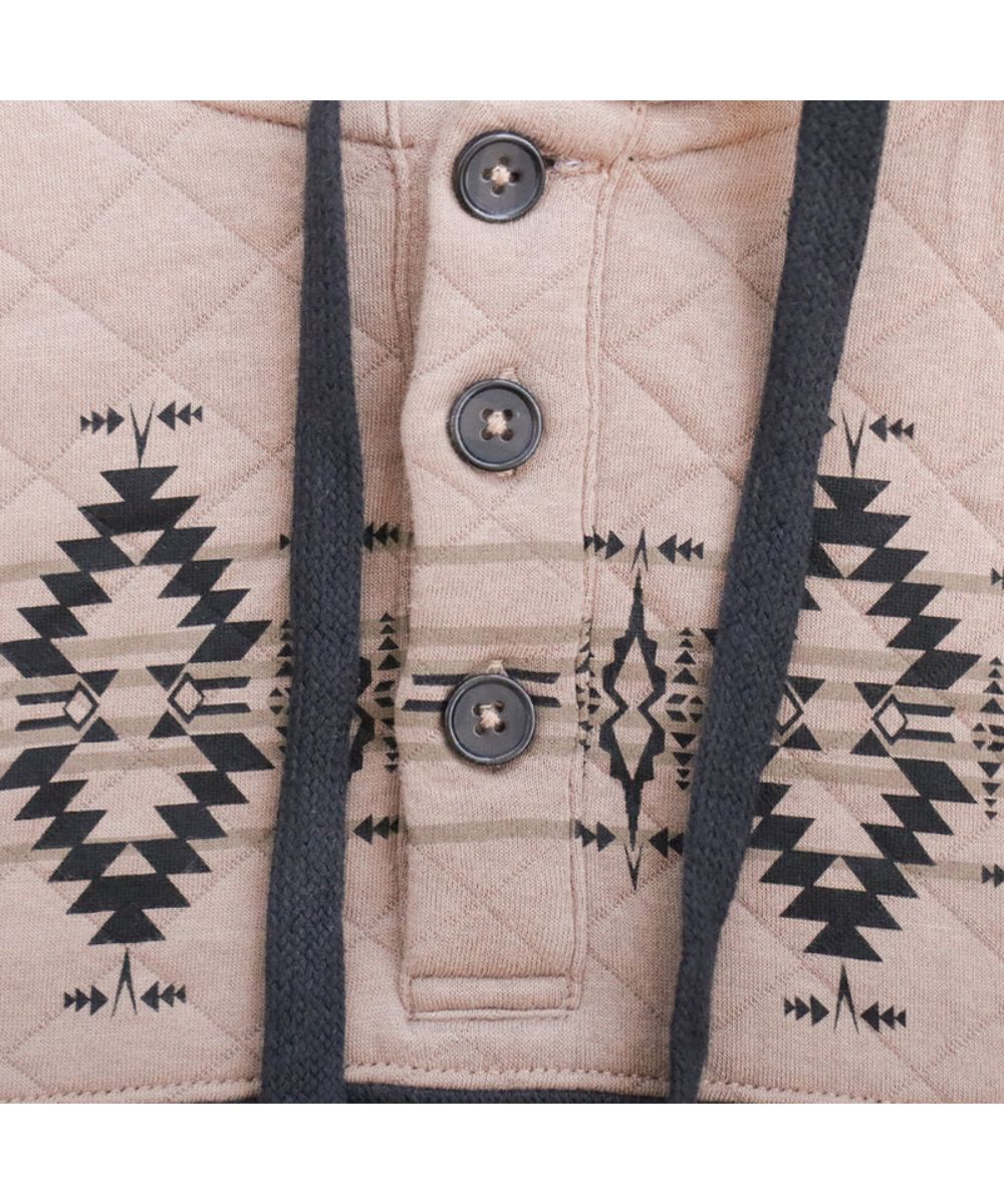 Close-up view of the 3-button placket and aztec printed chest