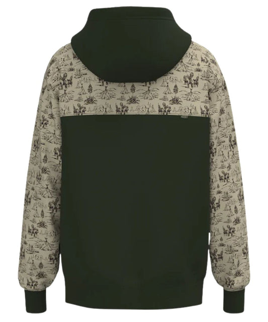 Back view of the men's dark olive green hoodie featuring the cream color-blocked yokes and sleeves with a comanche print