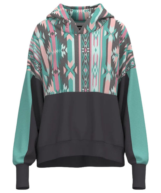 Front view of the women's Hooey Casa Hoody Charcoal And Teal Aztec featuring the oversized fit, oversized kangaroo pocket with a hidden phone pocket, and the color-blocked design