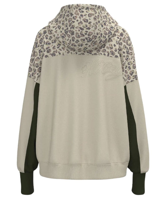 Back view of the women's cream hoodie featuring the leopard print across the upper body and sleeves, olive green side panels, and cream body