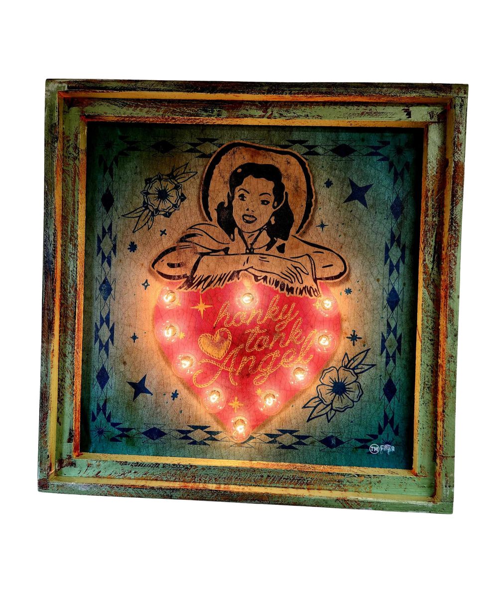 Large framed artwork reads: "Honky Tonk Angel"