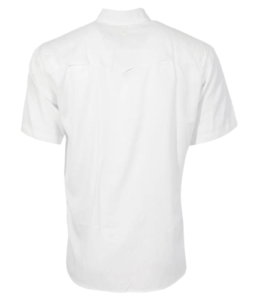 Back view of the men's white short sleeve snap shirt featuring a vented back yoke