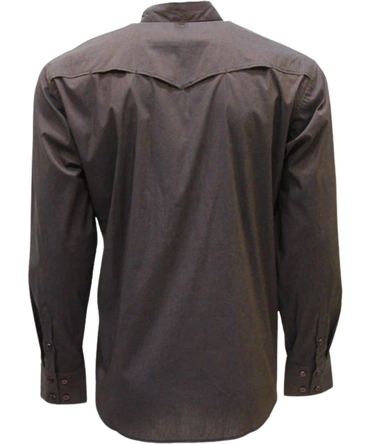 Back view of the men's long sleeve button down shirt featuring the single point western yokes and vented back yoke