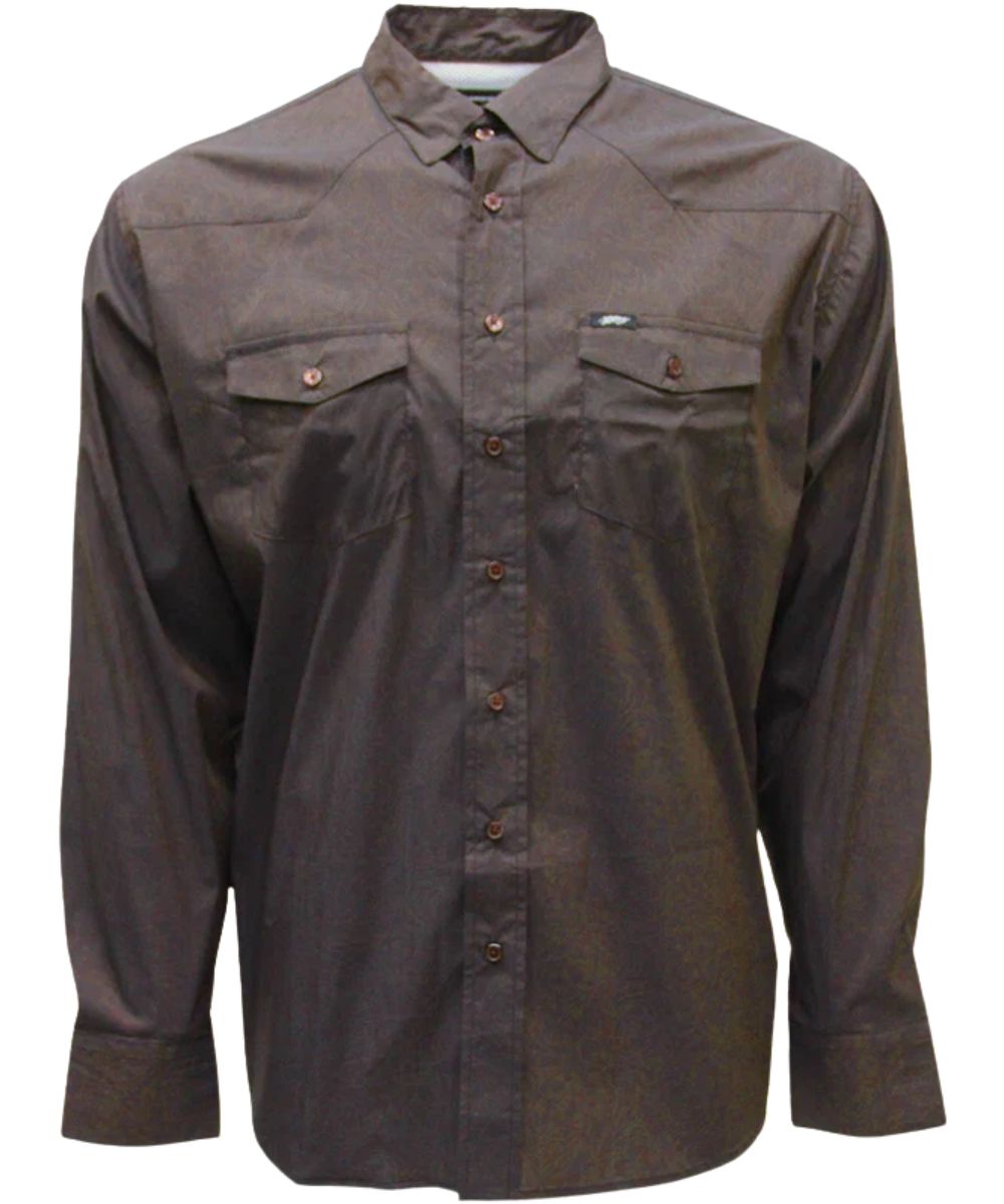 Front view of the men's brown long sleeve button down shirt featuring the tooled leather print, button flap chest pockets, sunglass sleeve, and microfiber lens cloth