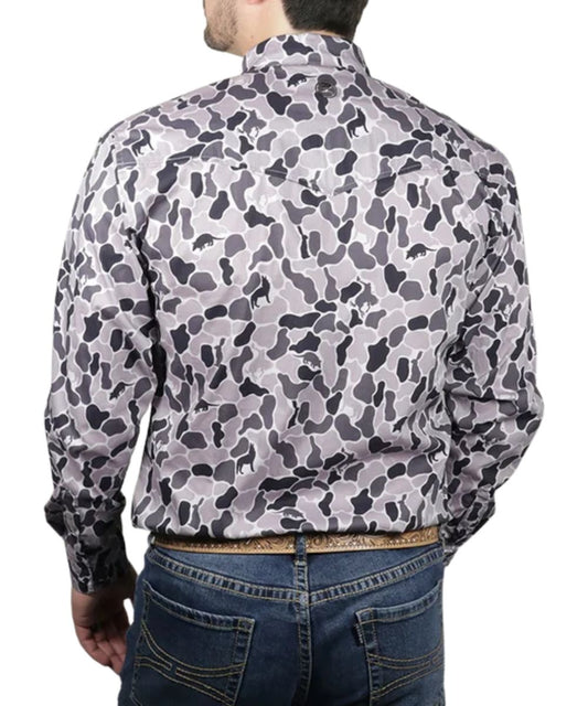 Back view of the men's grey camo button down shirt featuring the vented back yoke and upf 40 sun protection fabric
