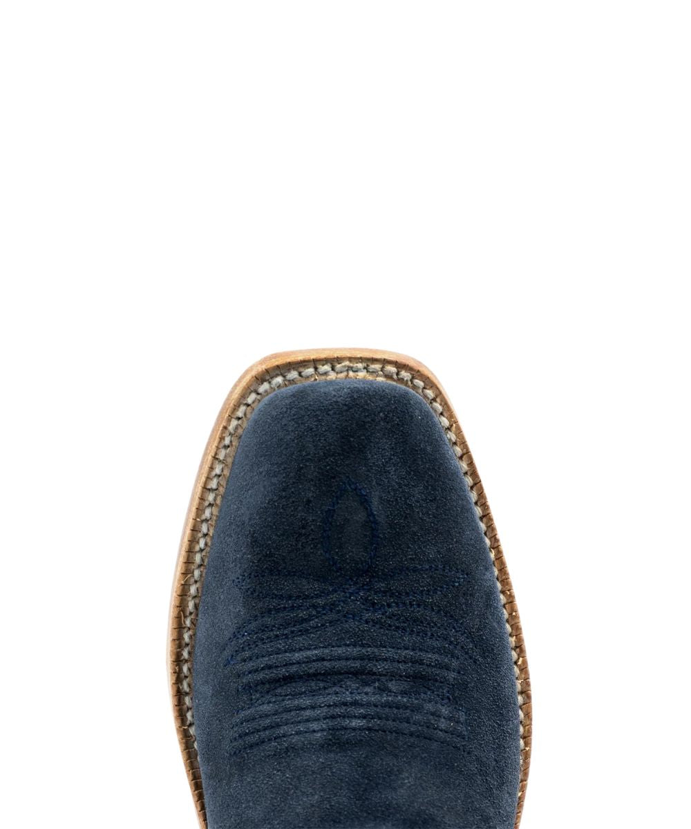 Close-up view of the navy roughout leather cutter toe