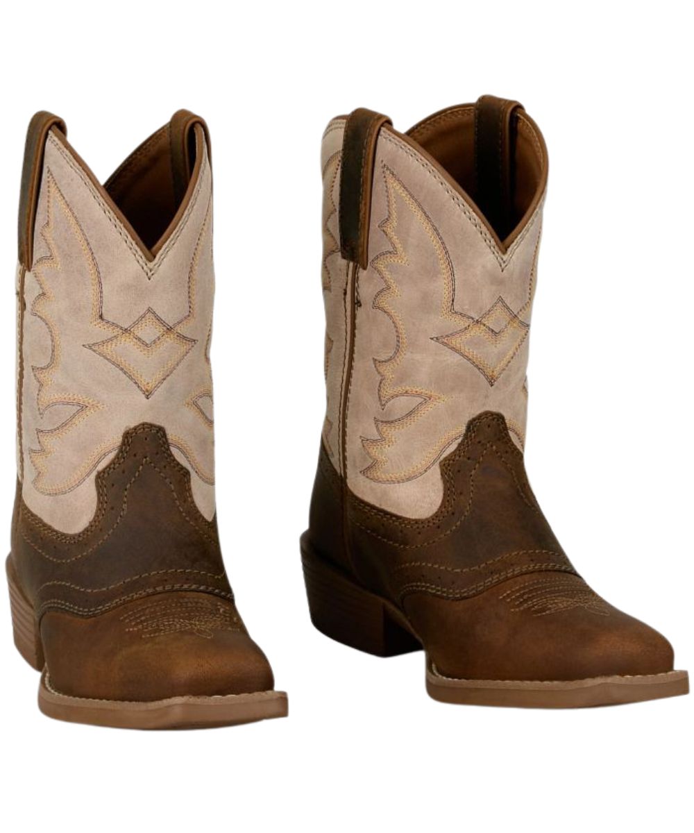 Pair view of the brown and white unisex youth leather western boot