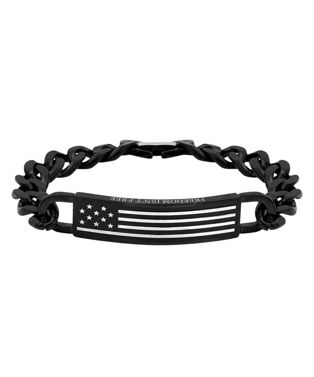 Unisex chain bracelet featuring the american flag and lasered text that reads: "freedom isn't free"