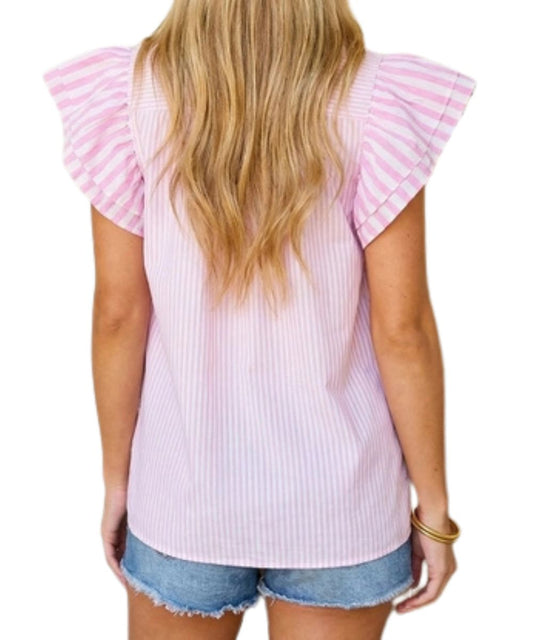 Back view of the women's pink and white striped blouse