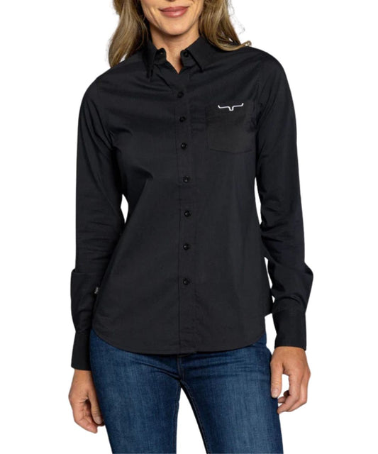 Women's Solid Print Long Sleeve Button Down In Black