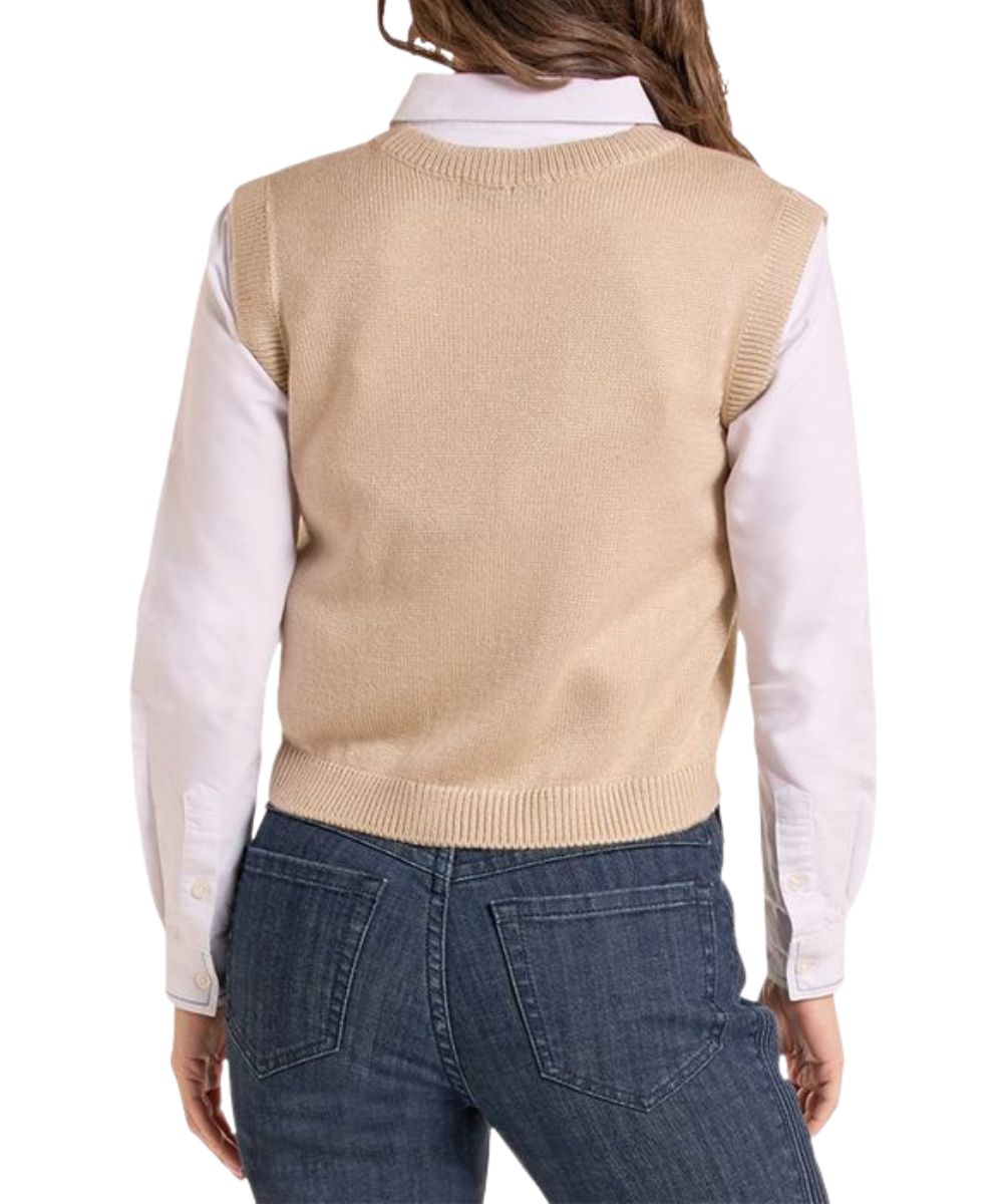 Back view of the women's natural beige colored sleeveless sweater vest featuring the ribbed trim