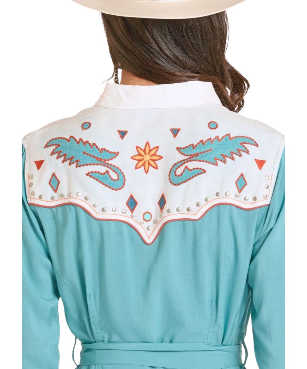 Close-up view of the back yoke and rayon fabric