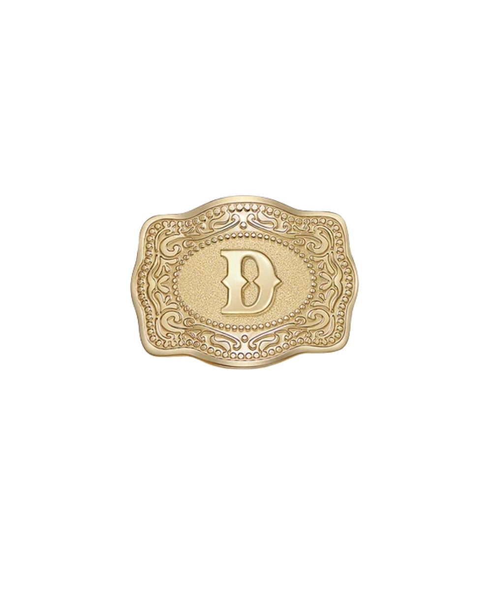 mini gold belt buckle d initial hatpin on white background