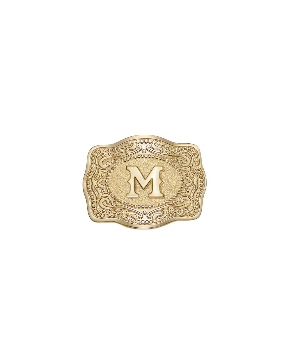 mini gold belt buckle m initial hatpin on white background