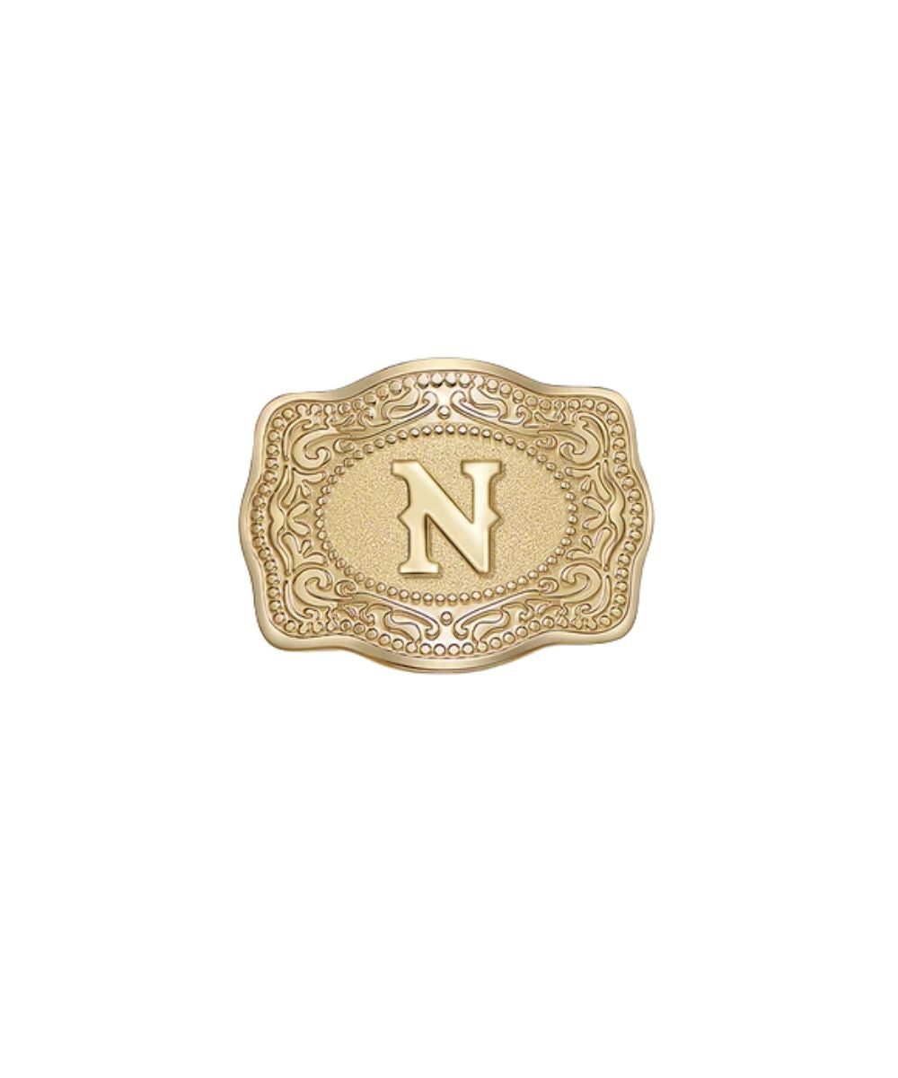 mini gold belt buckle n initial hatpin on white background