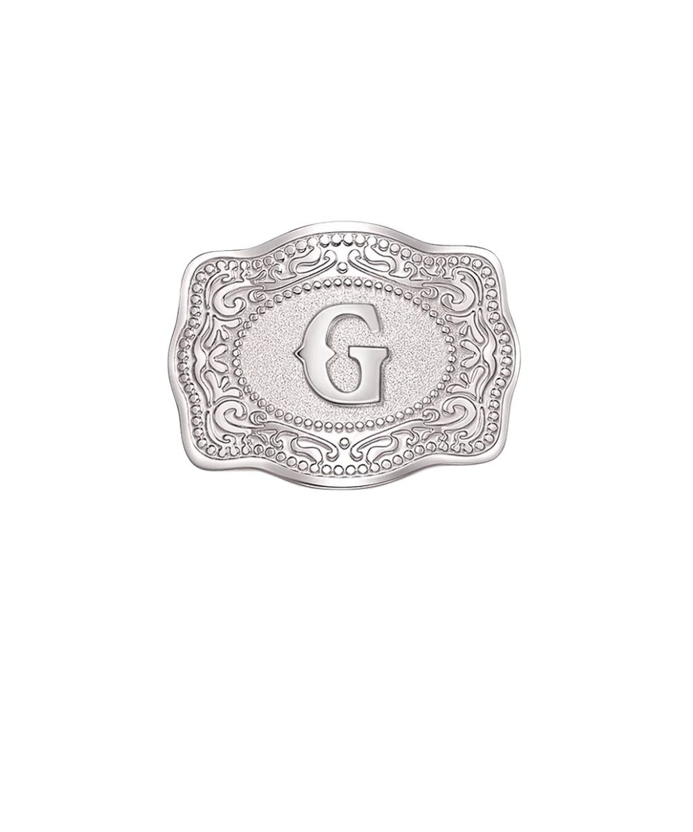 silver mini buckle G initial hatpin on white backgorund