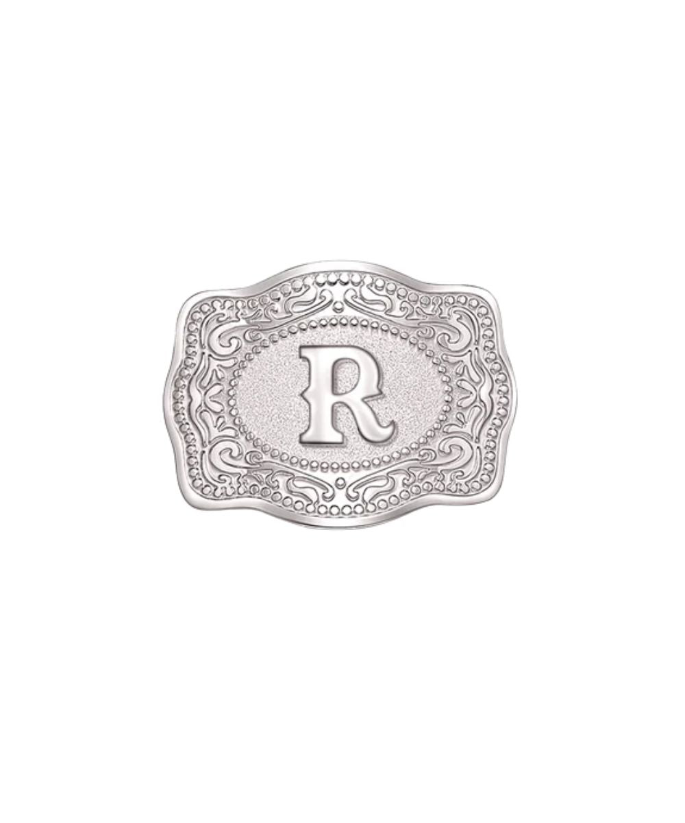 mini belt buckle hatpin R inital on white backgroud