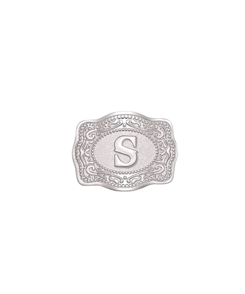 mini belt buckle hatpin S initial on white background