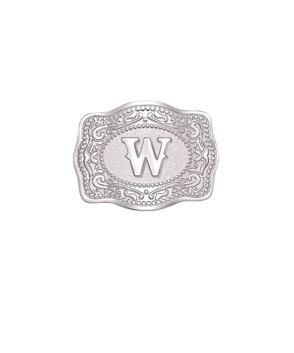 mini silver belt buckle hat pin w initial on white background