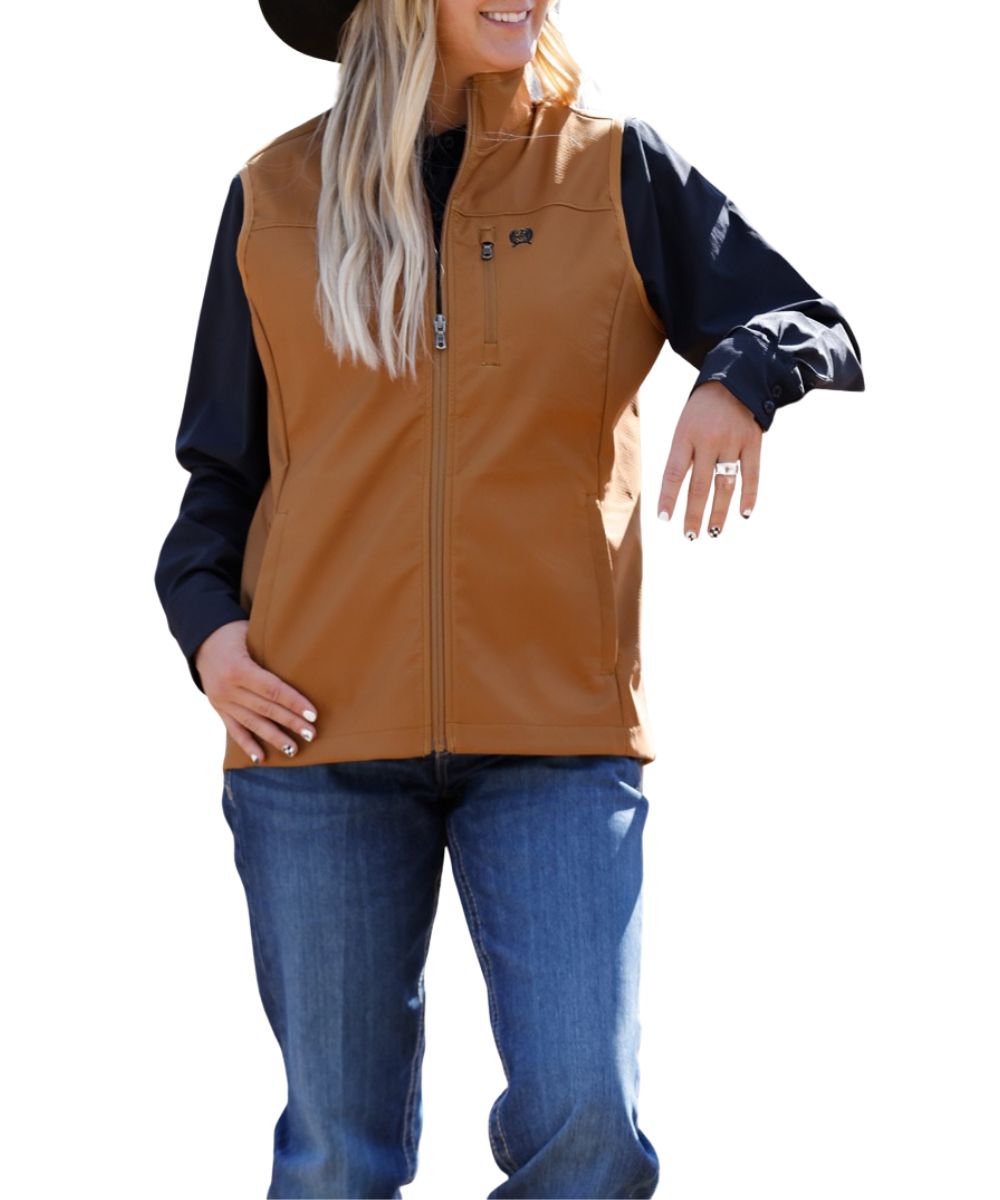 Front view of the women's brown Cinch windproof vest featuring the zip closure, zippered pockets, and durable water-resistant finish
