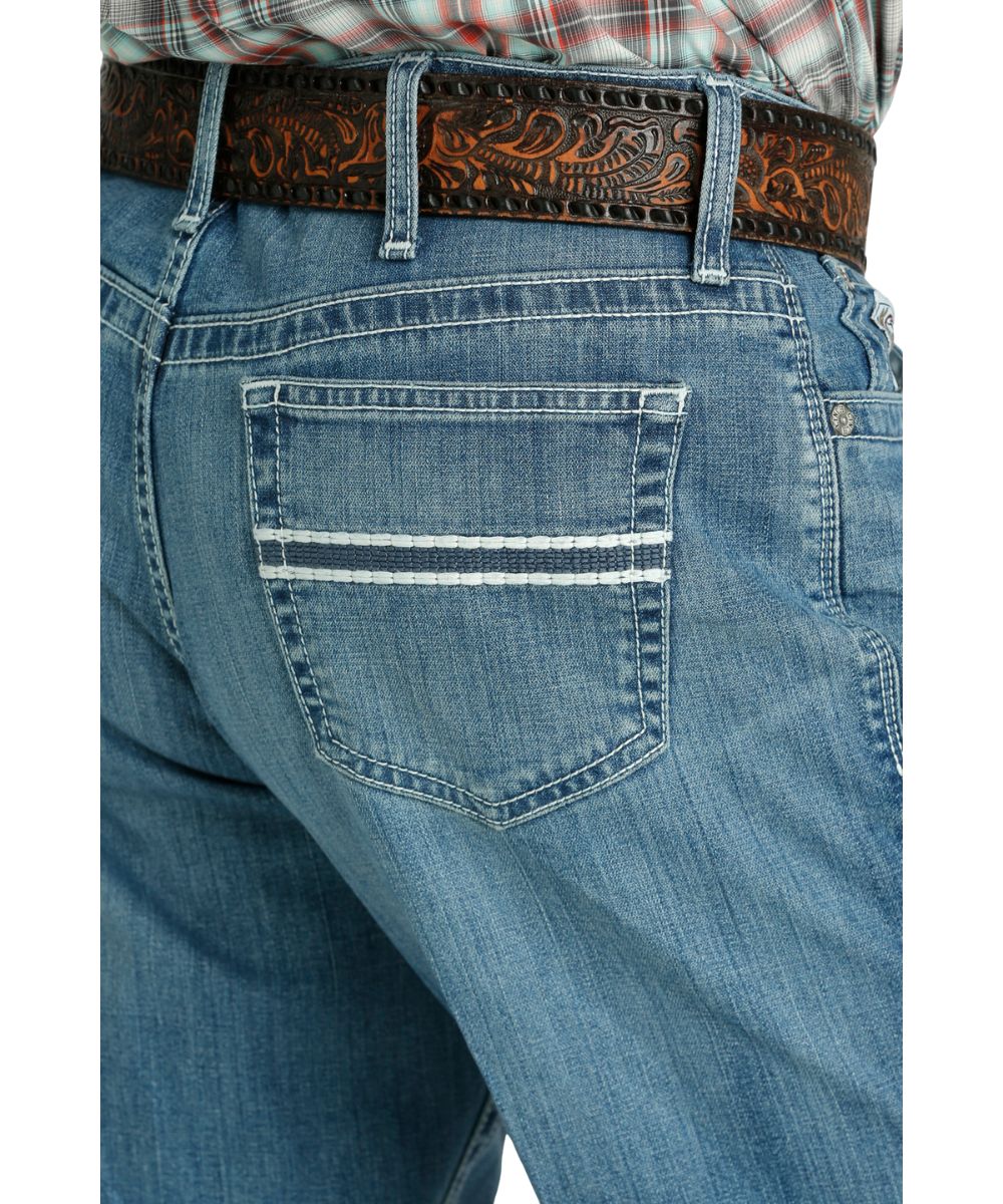 Close-up view of the iconic heavy back pocket embroidery