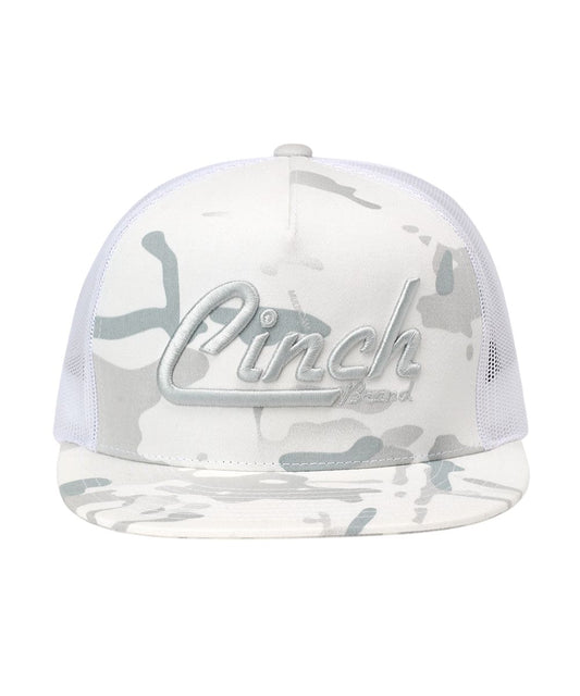 Front view of the men's white camo trucker cap featuring the white camo front with grey logo embroidery and the white camo flat bill
