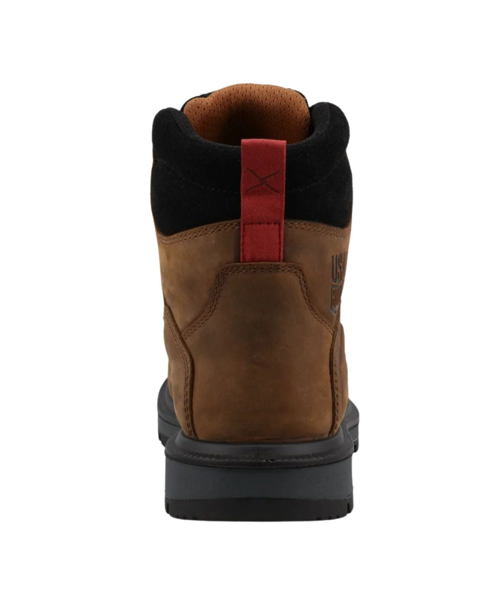 Heel view of the men's brown and black leather work boot featuring the polyester heel loop and 1.5" tall block heel