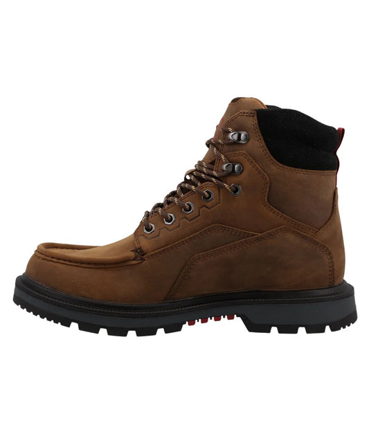 Left side view of the men's brown and black waterproof lace-up work boot