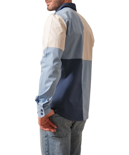 Back view of the men's classic fit mid blue color blocked long sleeve button down shirt