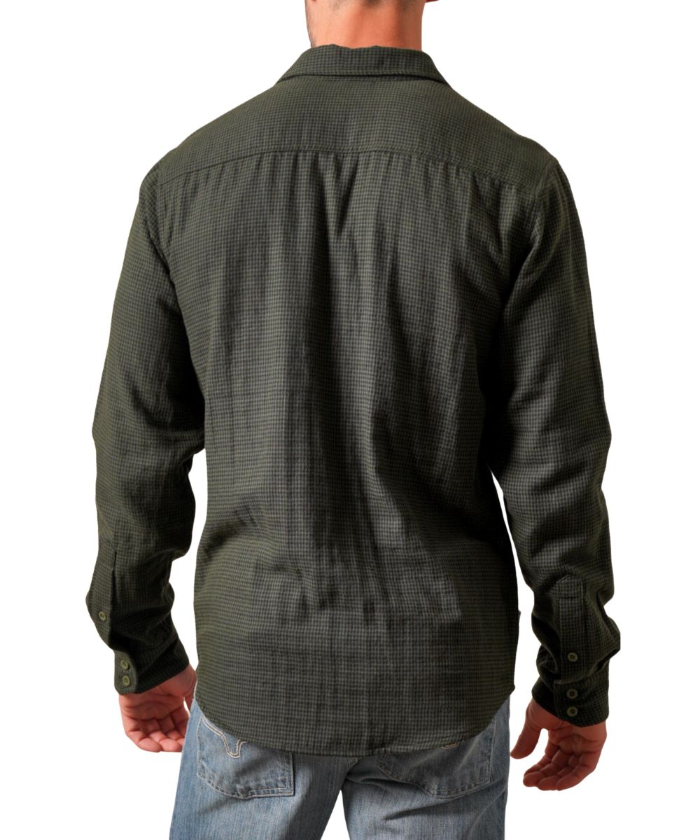 Back view of the men's forest green long sleeve button down shirt featuring the straight back yoke, check plaid print, button cuffs, and drop tail hem