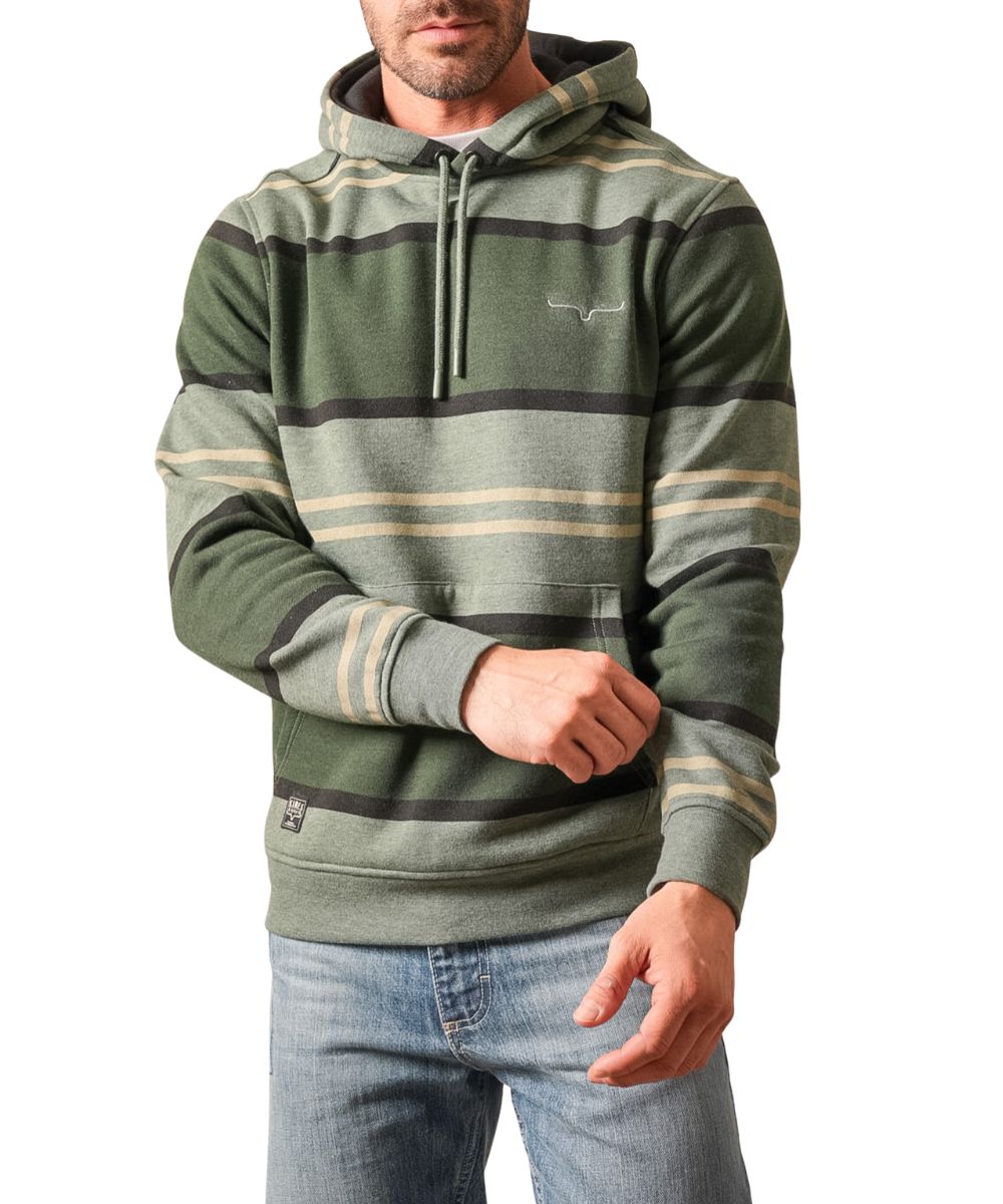 Front view of the men's forest green Kimes Ranch Hoodie featuring the horizontal multi-stripe color blocked design, hooded collar with drawstring, logo embroidery at the left chest, a kangaroo pocket, and rib knit trim