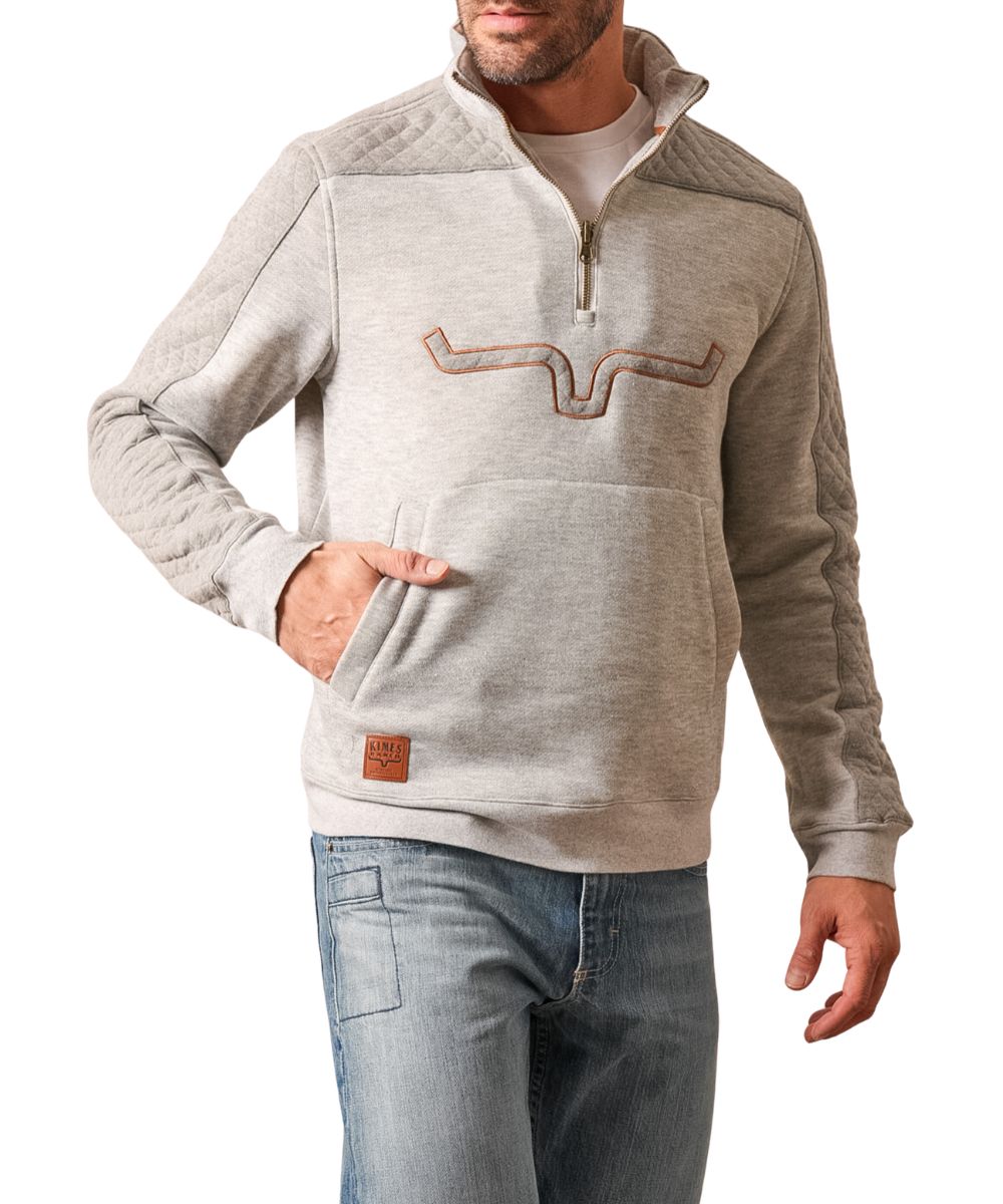 Front view of the men's heather grey Kimes Ranch 1/4 Zip Pullover featuring the long sleeves, mock collar, longhorn logo embroidery at the chest, kangaroo pocket, quilted sleeve and shoulder panels, and rib knit trim