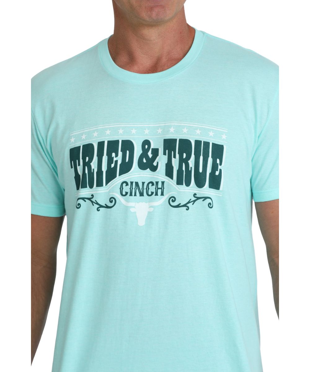 Close-up view of the front screen printed graphic on the men's turquoise tee