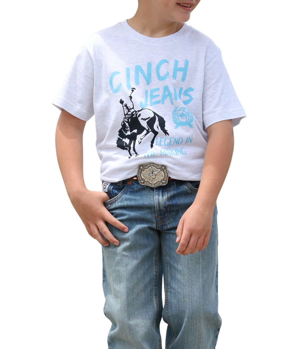 Boy's Grey Graphic Tee Featuring A Front Screen Print That Reads: "Cinch Jeans - Legend In The Making" With A Bronc Graphic