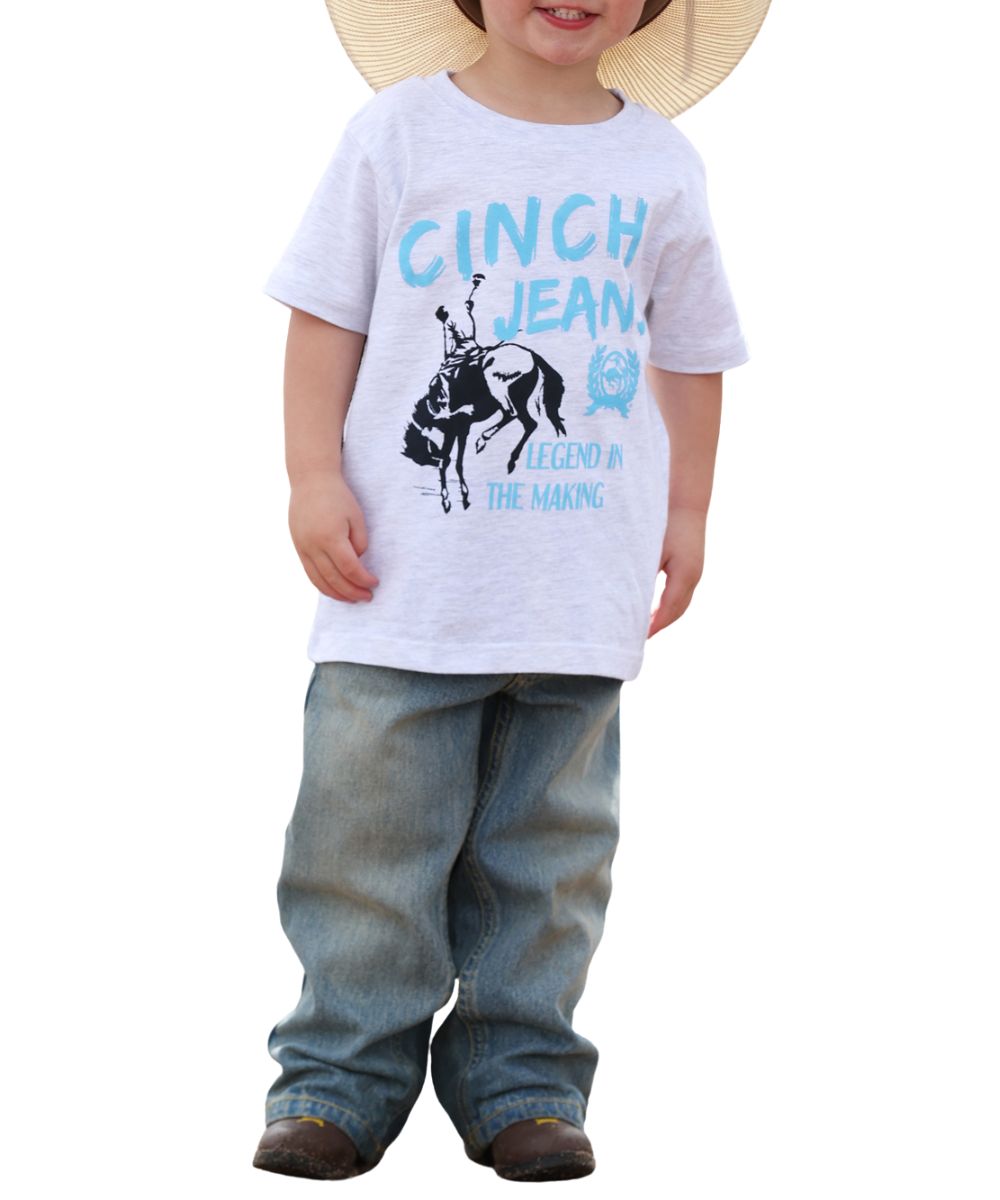 Grey Infant Boy's Bronc Tee Featuring A Front Screen Print That Reads: "Cinch Jeans - Legend In The Making"