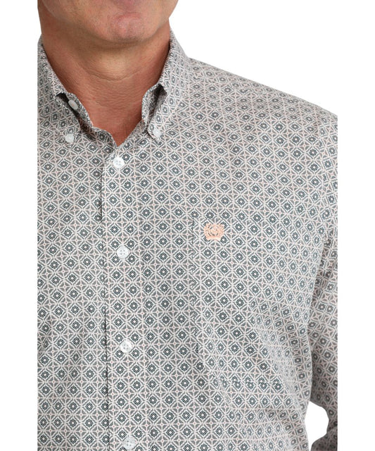 Close-up view of the geometric print and white buttons