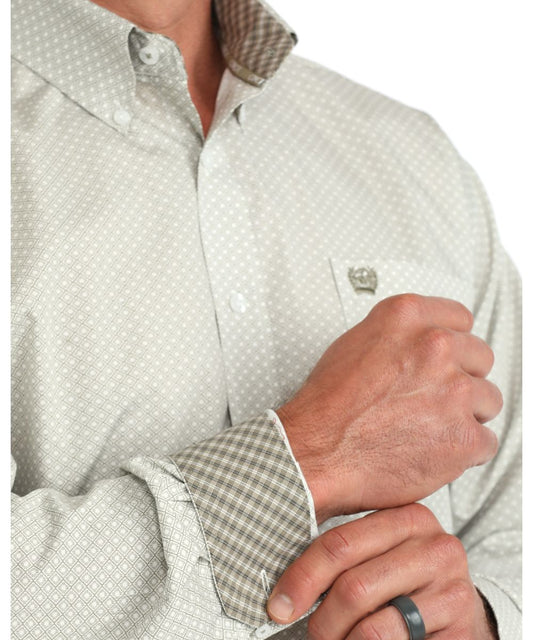 Close-up view of the contrast interior trim and olive geometric print