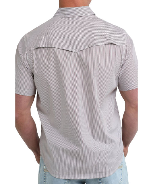 Back view of the men's striped short sleeve snap shirt featuring a vented back yoke