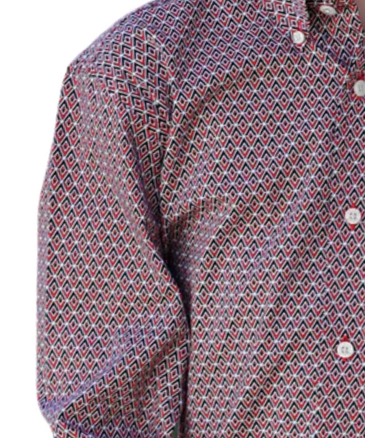 Boys Red Geo Print Long Sleeve Button Down Shirt Detail Picture