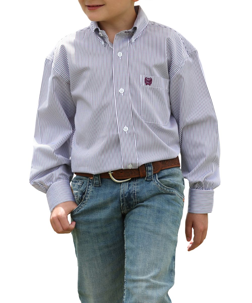 Front view of the boy's long sleeve button down shirt featuring the white striped print