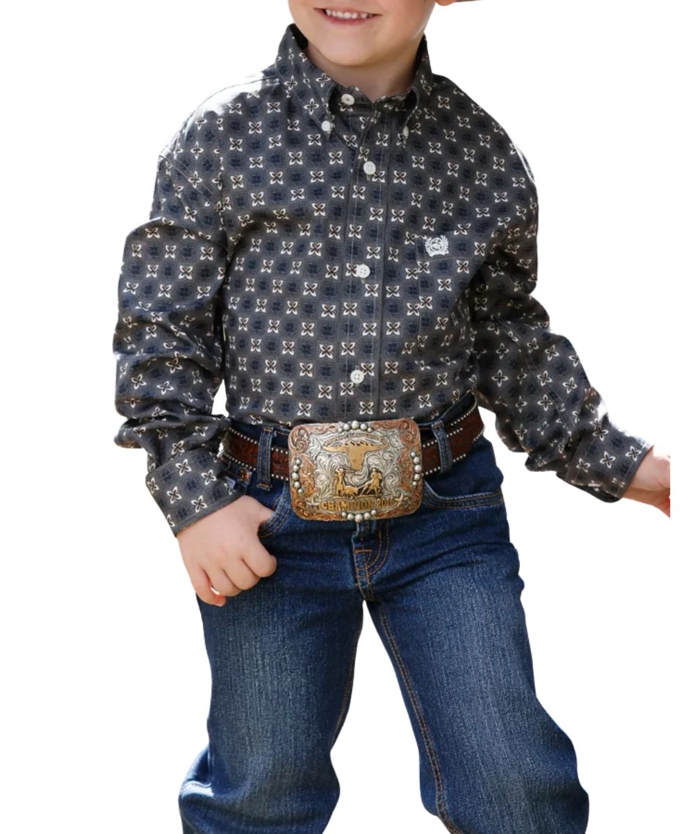 Front view of the boy's grey Cinch long sleeve button down shirt featuring the khaki geometric print, button down collar, white buttons, and a single open chest pocket