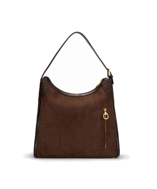 Montana West Coffee Tooled Hobo Bag Reverse View With Vertical Gold Zipper Pocket And Floral Corner Details